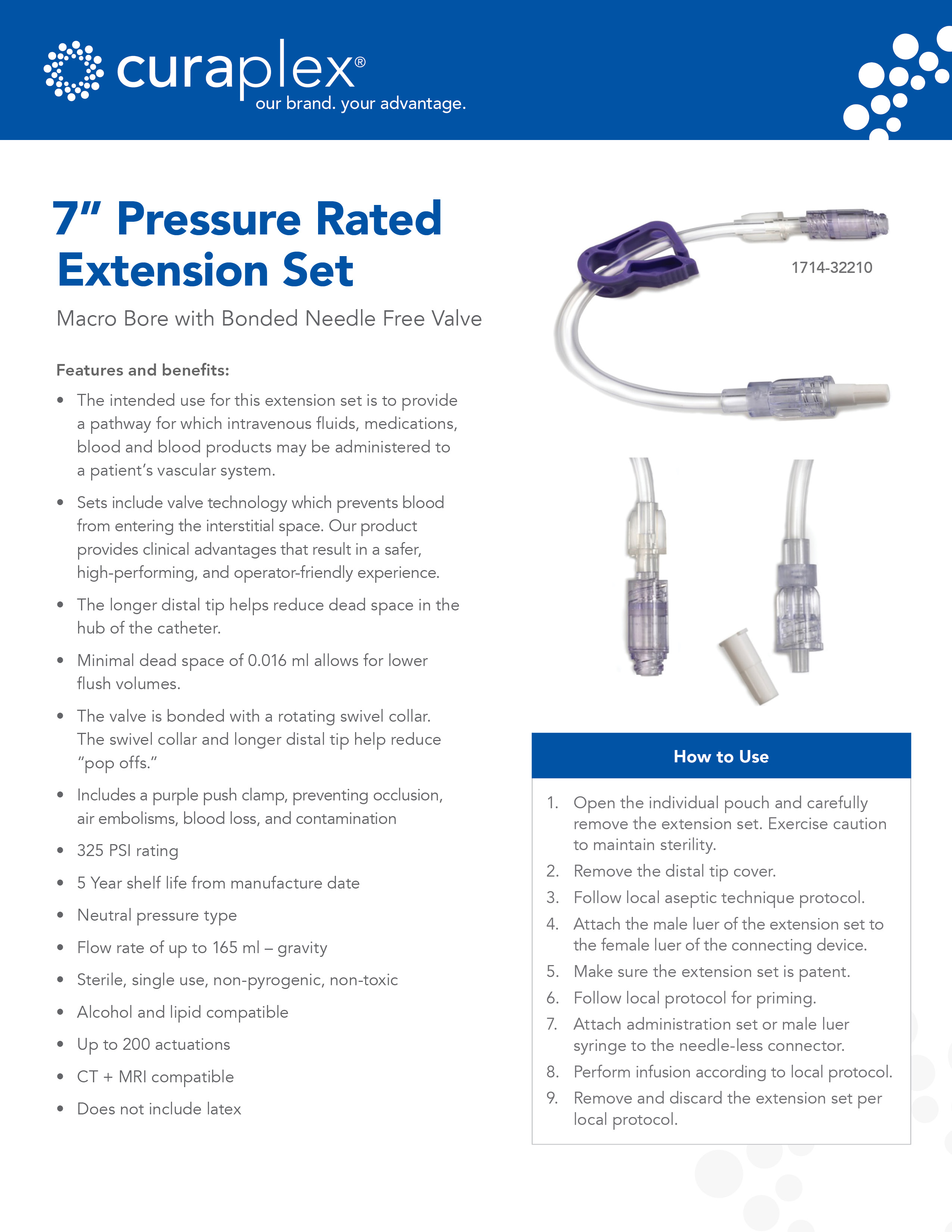 Curaplex® Pressure Rated IV Extension Set, (1) Bonded Needlefree Valve